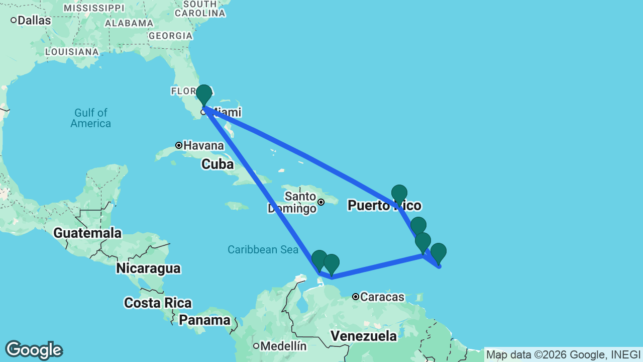 Route map: Fort Lauderdale -> Aruba -> Curaçao -> St. Lucia -> Barbados -> Dominica -> St. Maarten -> Fort Lauderdale