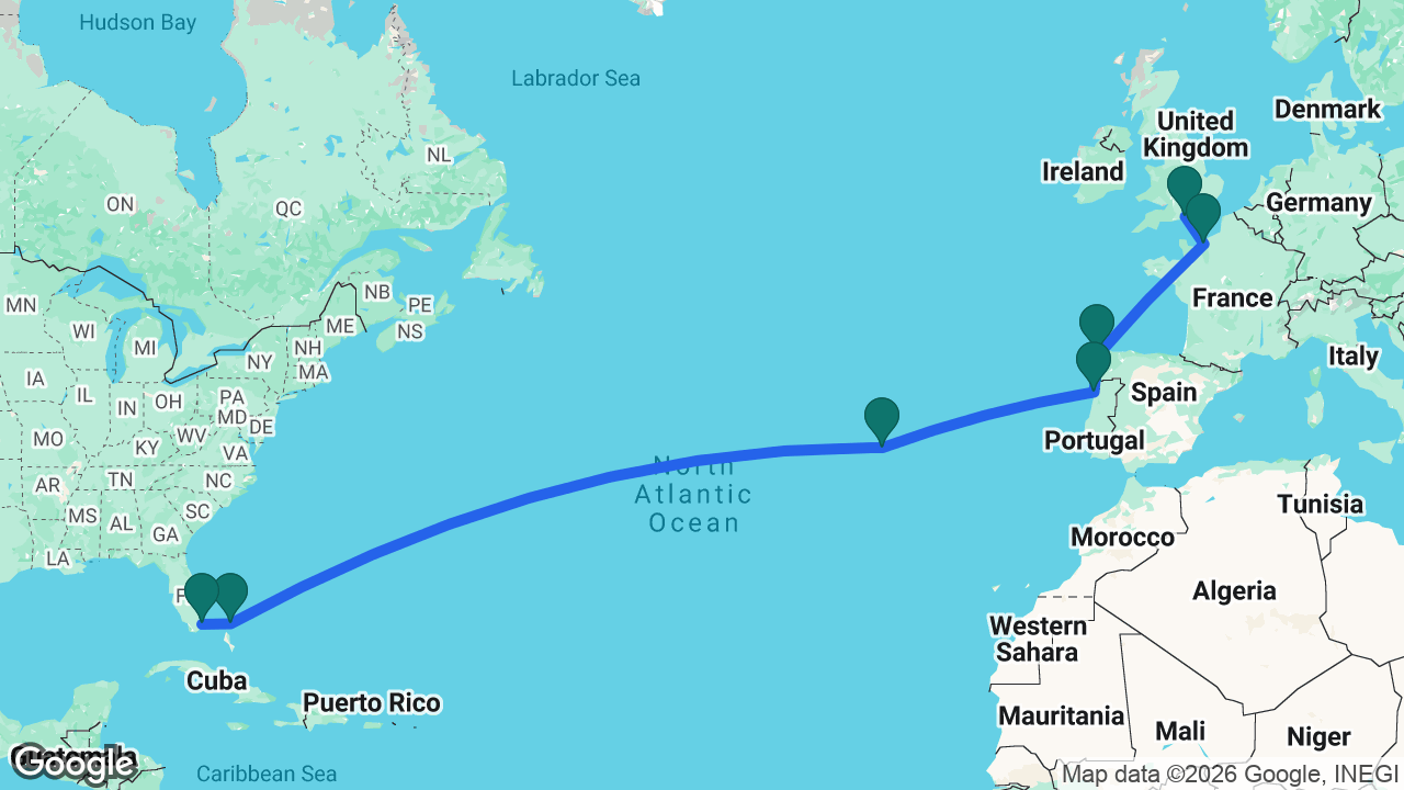 Route map: Southampton -> Paris -> La Coruña -> Porto -> Azores -> Great Stirrup Cay -> Miami