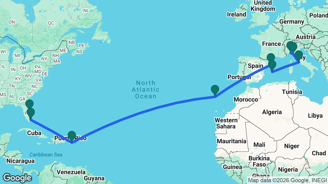 Route map: Genoa -> La Spezia -> Rome -> Mallorca -> Barcelona -> Madeira -> San Juan -> Miami -> Port Canaveral