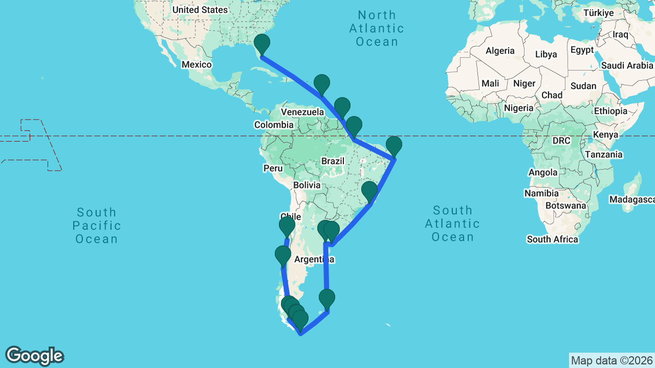 Route map: Fort Lauderdale -> Barbados -> Devil's Island -> Icoaraci -> Recife -> Rio -> Montevideo -> Buenos Aires -> Port Stanley -> Drake Passage -> Ushuaia -> Beagle Channel -> Punta Arenas -> Strait of Magellan -> Puerto Montt -> San Antonio