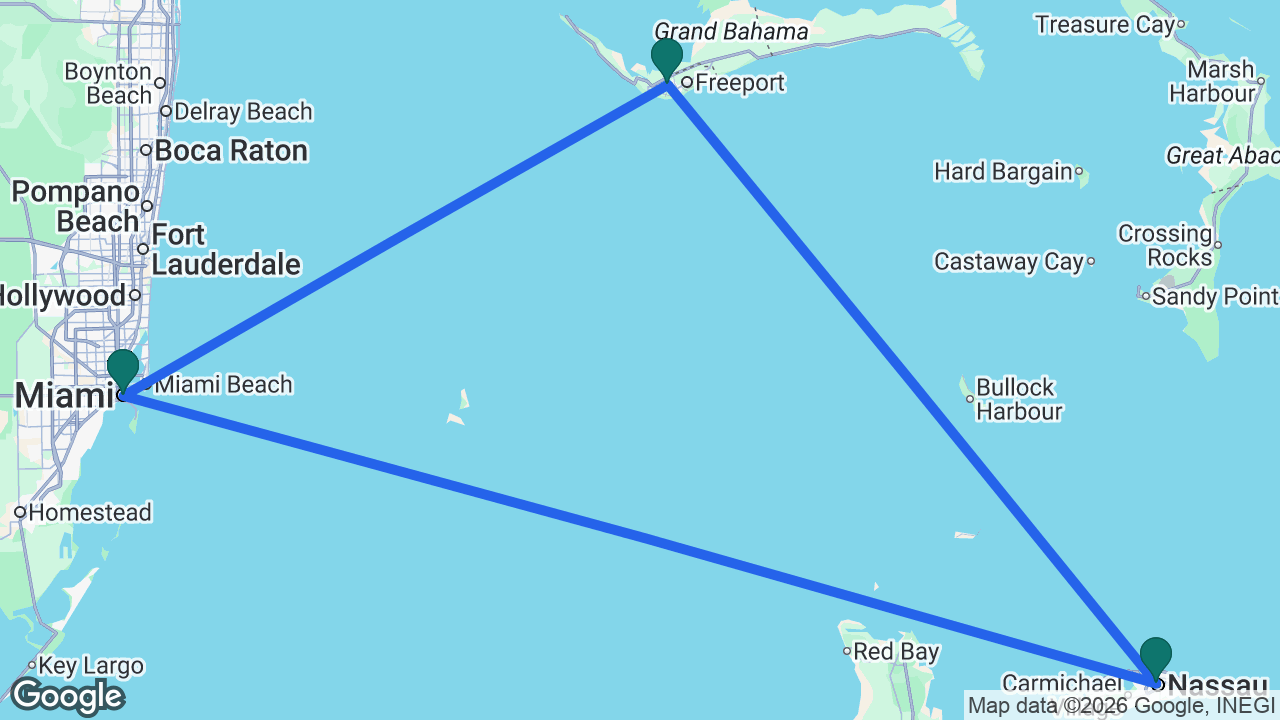 Route map: Miami -> Nassau -> Freeport -> Miami