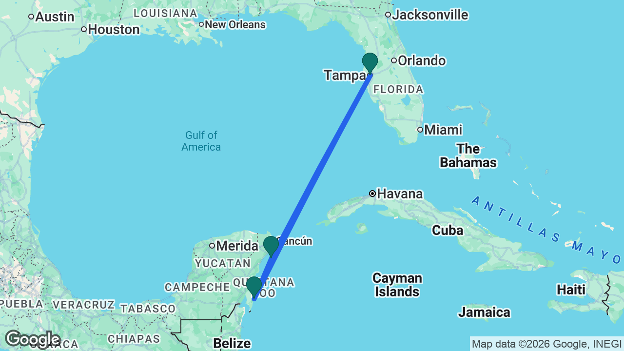 Route map: Tampa -> Costa Maya -> Cozumel -> Tampa