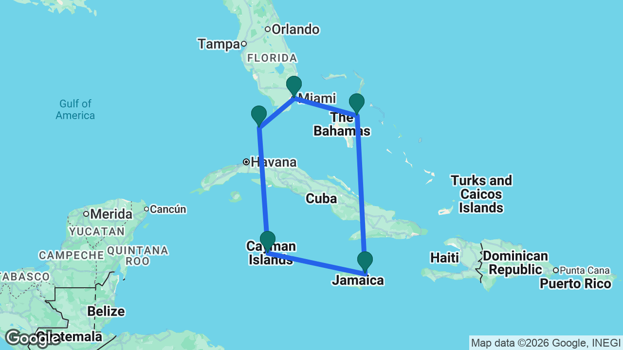 Route map: Miami -> Key West -> Grand Cayman -> Ocho Rios -> Nassau -> Miami