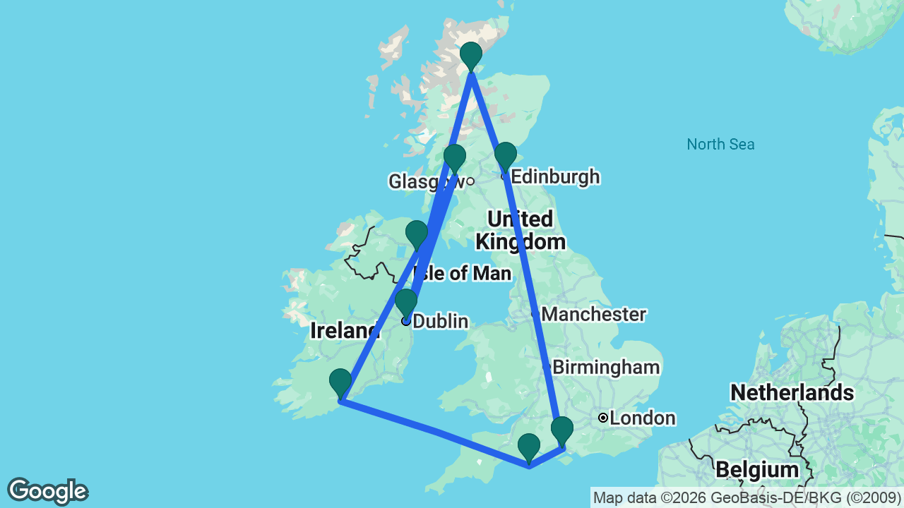 Route map: Southampton -> Portland -> Cork -> Belfast -> Glasgow -> Dublin -> Invergordon -> Edinburgh -> Southampton