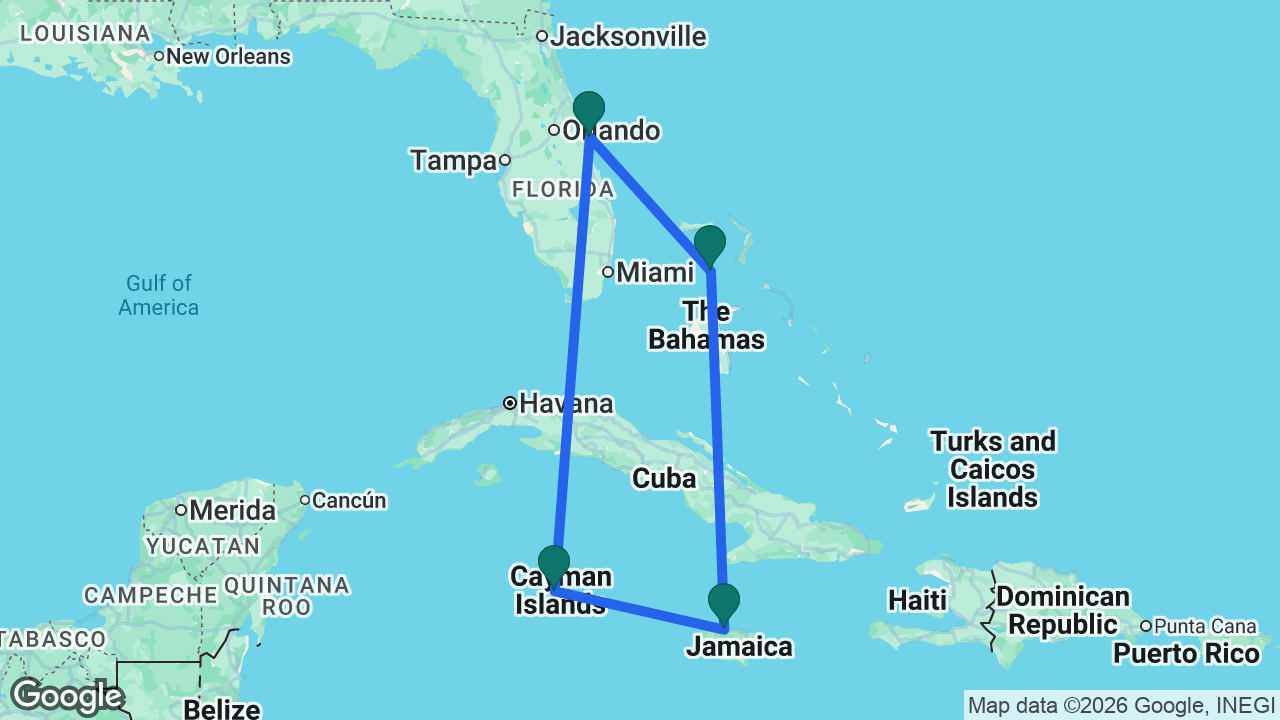 Route map: Port Canaveral -> Grand Cayman -> Falmouth -> CocoCay -> Port Canaveral