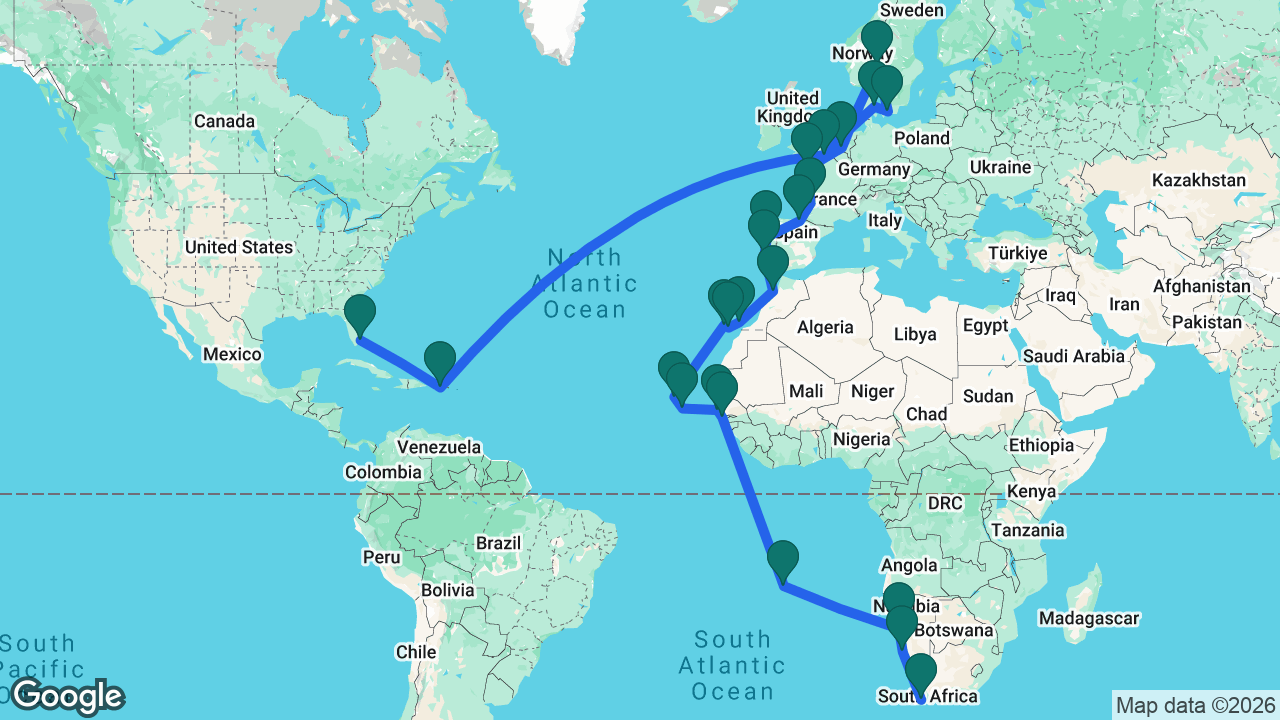 Route map: Cape Town -> Lüderitz -> Walvis Bay -> Jamestown -> Banjul -> Dakar -> Praia -> Mindelo -> Tenerife -> Gran Canaria -> Lanzarote -> Casablanca -> Lisbon -> Porto -> Bilbao -> Bordeaux -> Cherbourg -> Rotterdam -> Oslo -> Copenhagen -> Aarhus -> Dover -> San Juan -> Fort Lauderdale