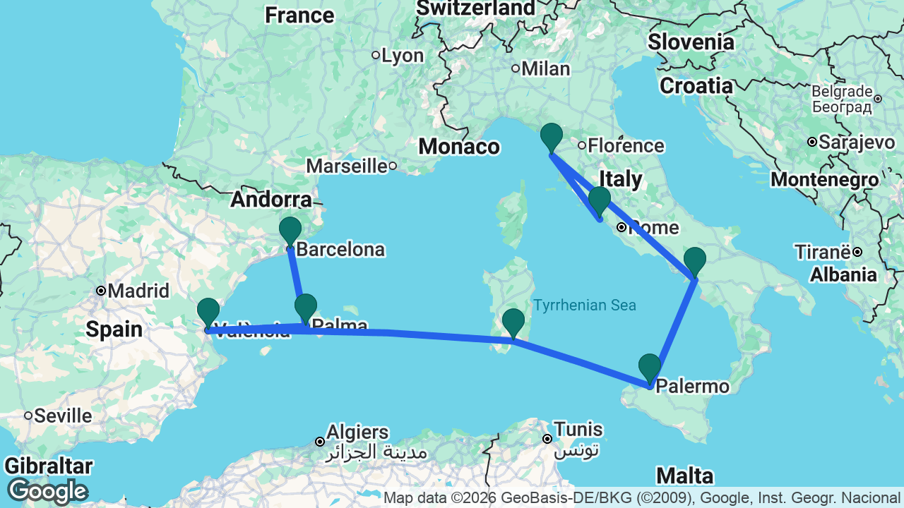 Route map: Rome -> Florence -> Amalfi Coast -> Palermo -> Cagliari -> Valencia -> Mallorca -> Barcelona