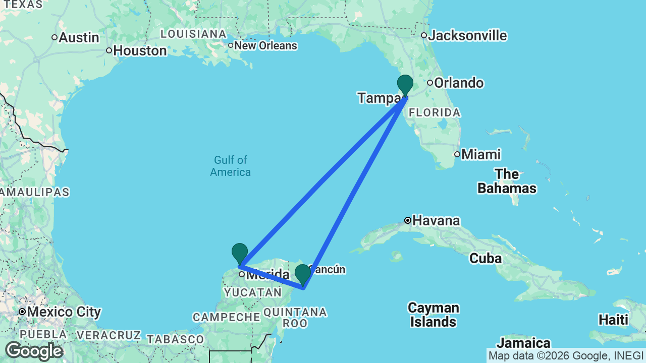 Route map: Tampa -> Cozumel -> Progreso -> Tampa