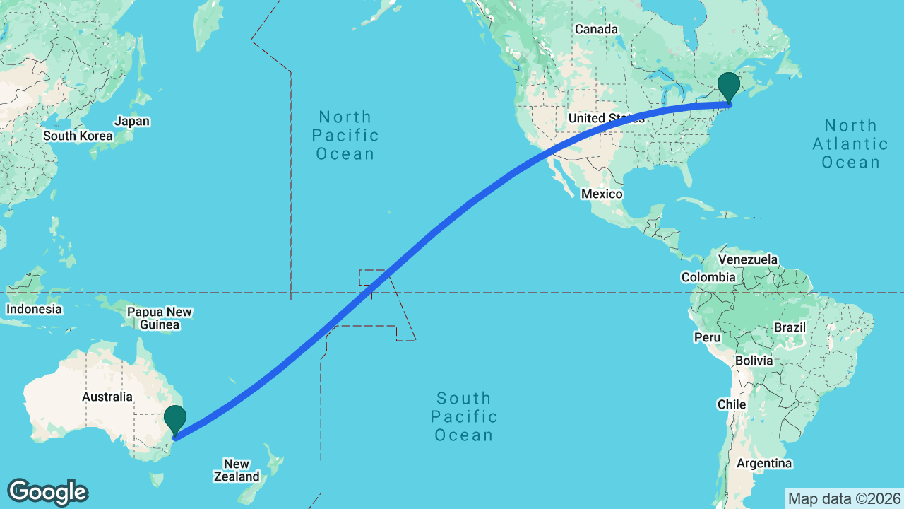 Route map: Boston -> Sydney -> Boston