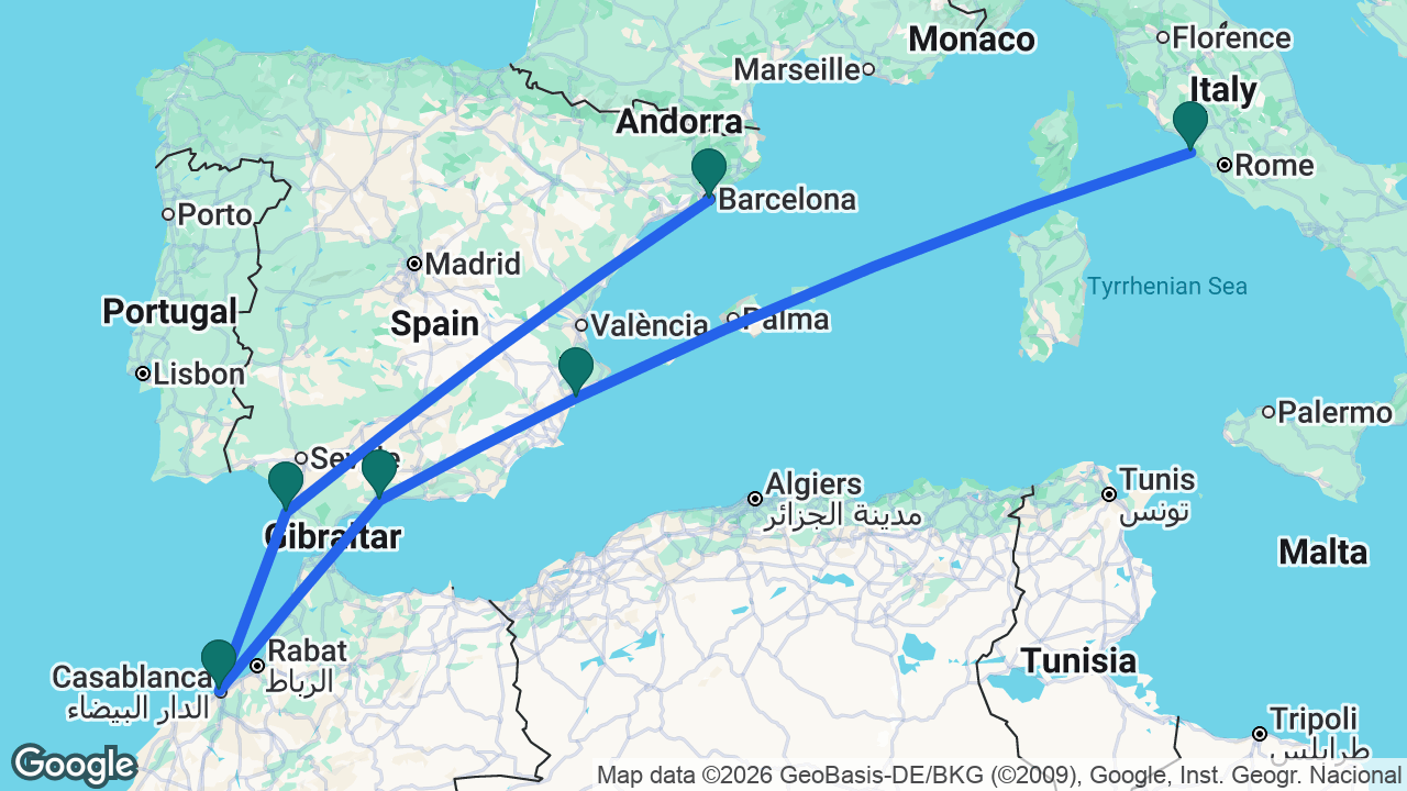 Route map: Barcelona -> Cádiz -> Casablanca -> Málaga -> Alicante -> Rome