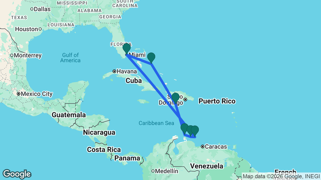 Route map: Miami -> Bonaire -> Curaçao -> Aruba -> Cabo Rojo -> Half Moon Cay -> Miami