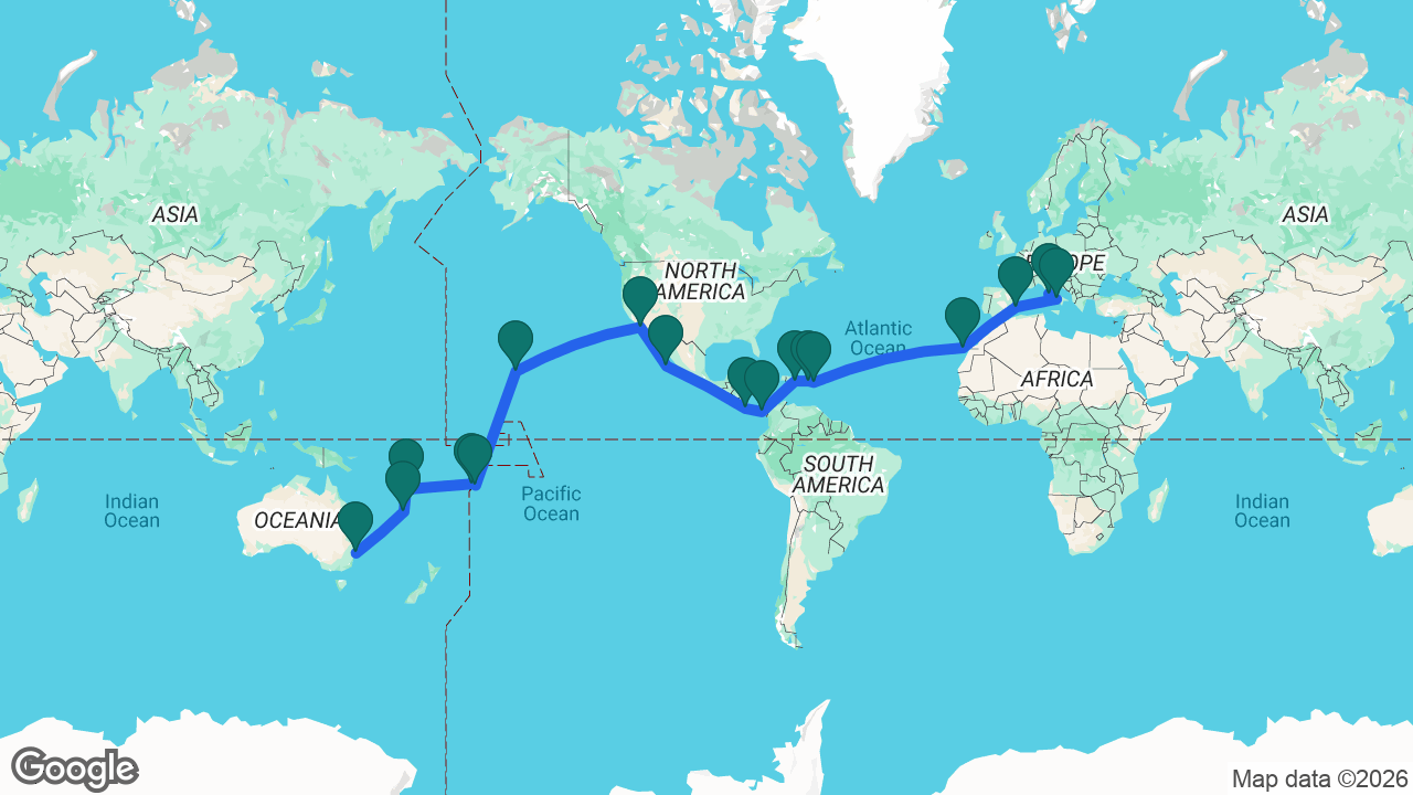 Route map: Sydney -> Nouméa -> Santo -> Apia -> Pago Pago -> Honolulu -> Los Angeles -> Cabo -> Puntarenas -> Balboa -> La Romana -> Tortola -> St. Maarten -> Gran Canaria -> Ibiza -> Naples -> Rome