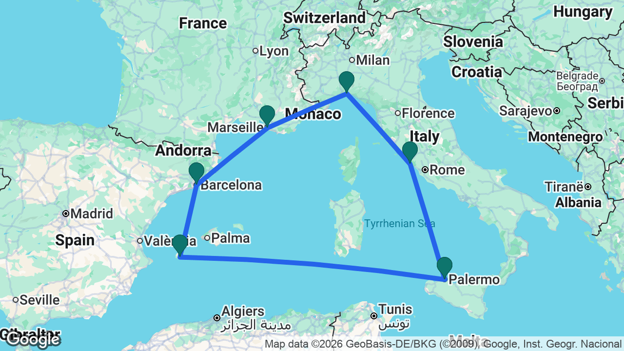 Route map: Rome -> Palermo -> Ibiza -> Barcelona -> Marseille -> Genoa -> Rome