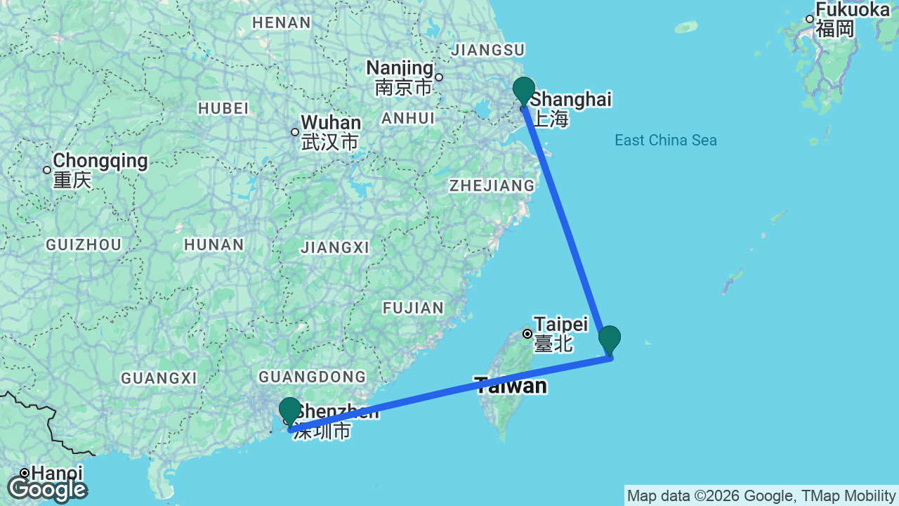 Route map: Hong Kong -> Ishigaki -> Shanghai