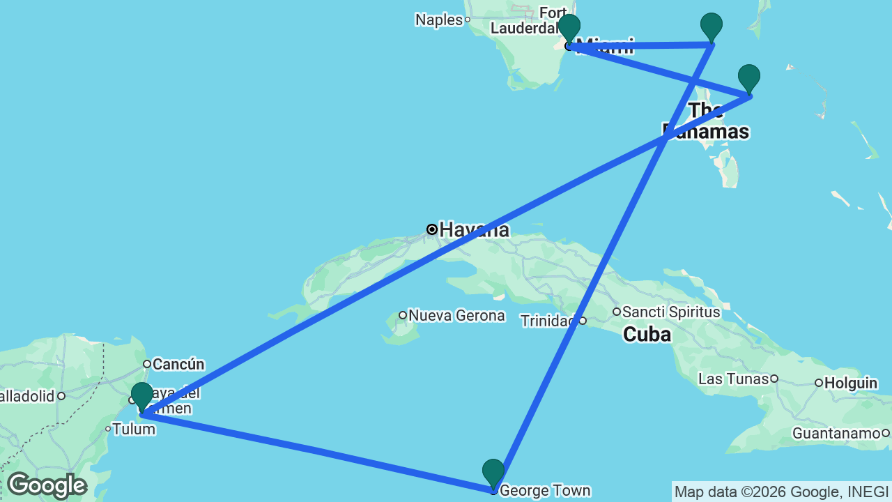 Route map: Miami -> CocoCay -> Grand Cayman -> Cozumel -> Nassau -> Miami