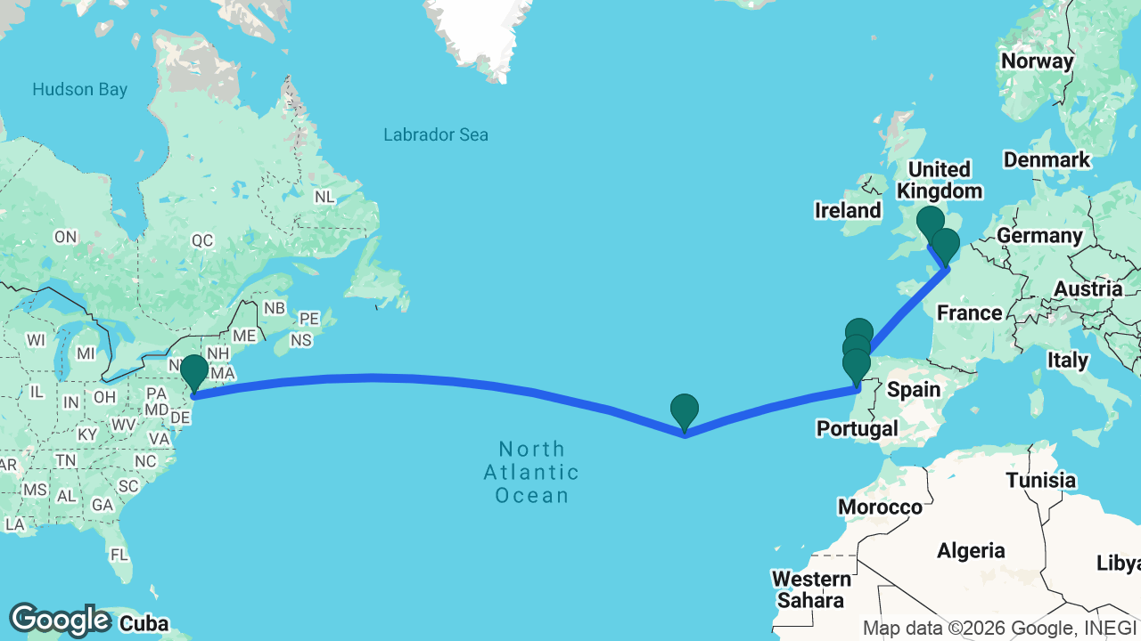 Route map: Southampton -> Paris -> La Coruña -> Vigo -> Porto -> Azores -> New York