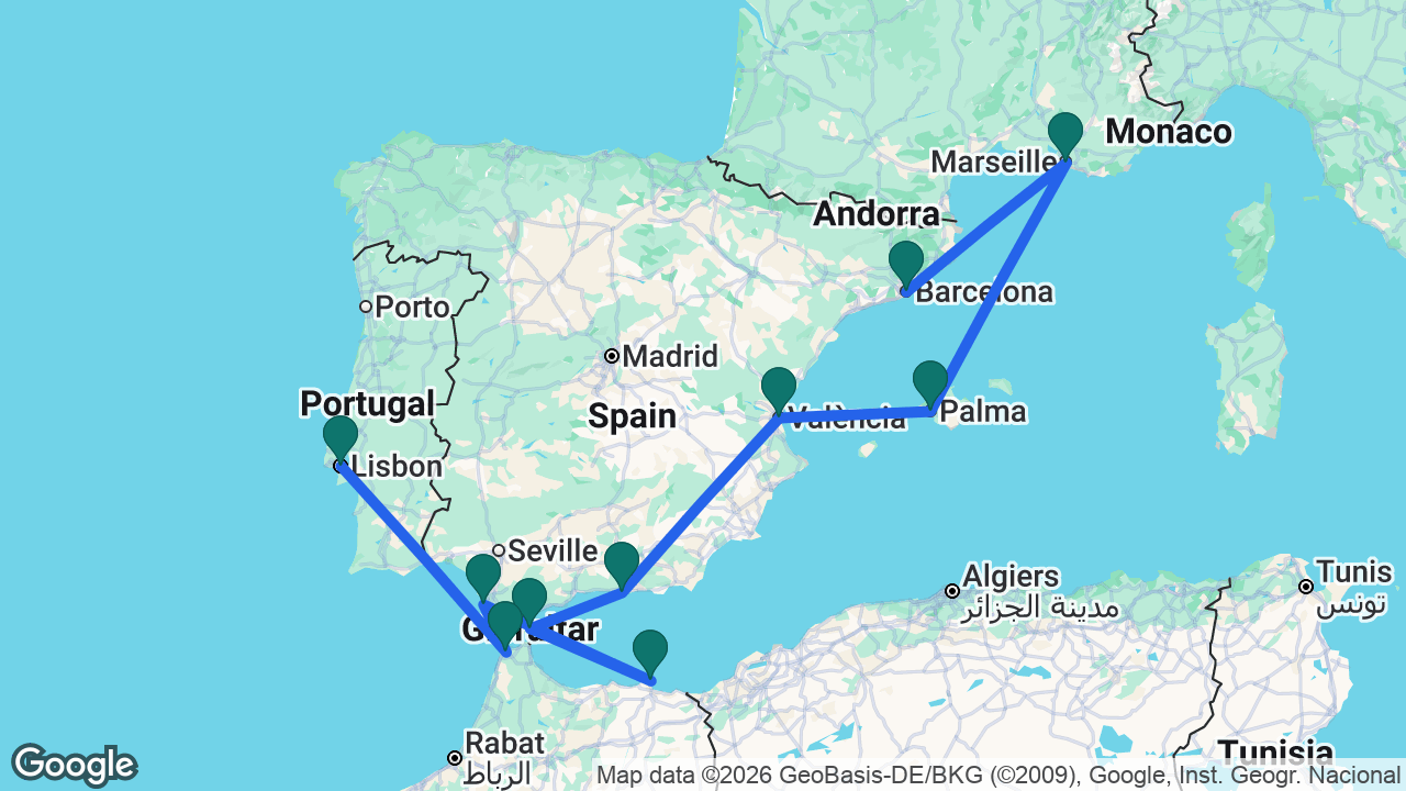 Route map: Barcelona -> Marseille -> Mallorca -> Valencia -> Motril -> Gibraltar -> Melilla -> Cádiz -> Tangier -> Lisbon