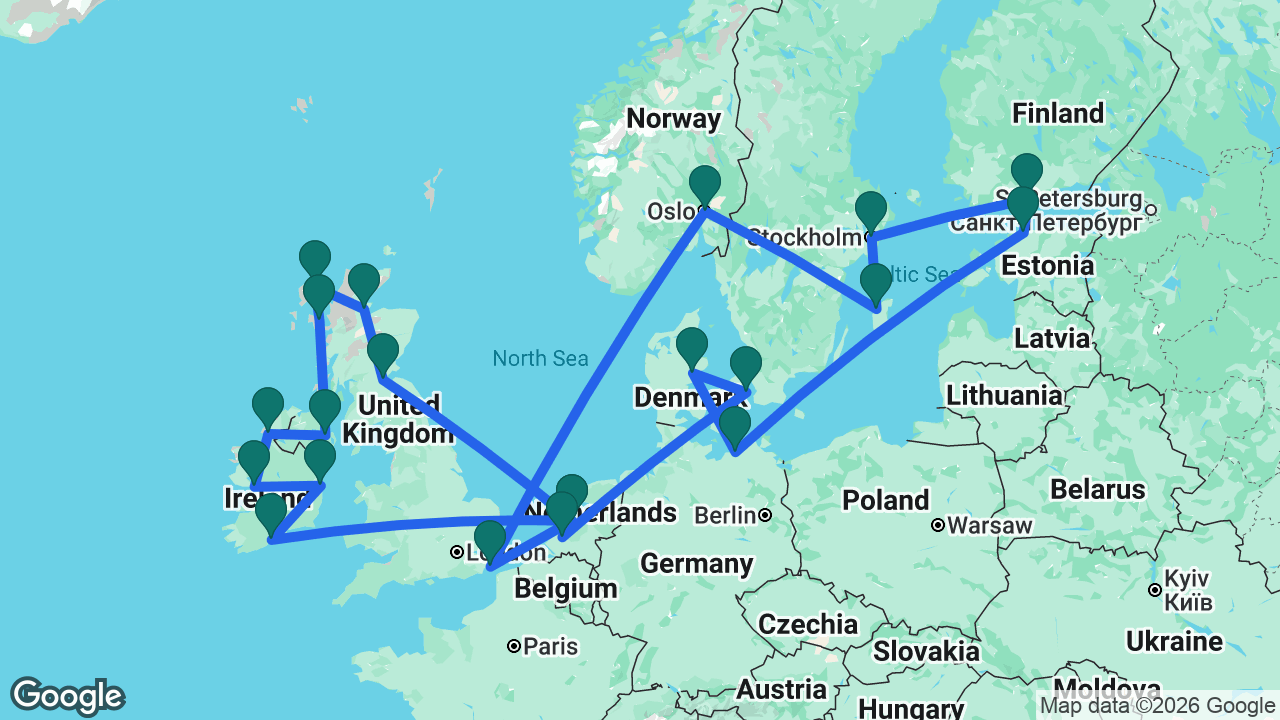 Route map: Rotterdam -> Copenhagen -> Aarhus -> Berlin -> Tallinn -> Helsinki -> Stockholm -> Visby -> Oslo -> Dover -> Amsterdam -> South Queensferry -> Invergordon -> Stornoway -> Isle of Skye -> Belfast -> Killybegs -> Galway -> Dún Laoghaire -> Cobh -> Amsterdam
