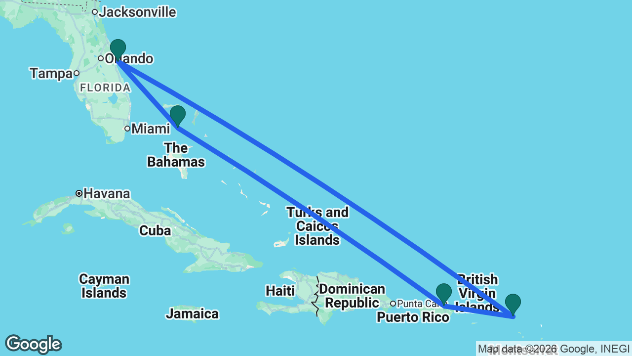 Route map: Port Canaveral -> CocoCay -> San Juan -> St. Maarten -> Port Canaveral