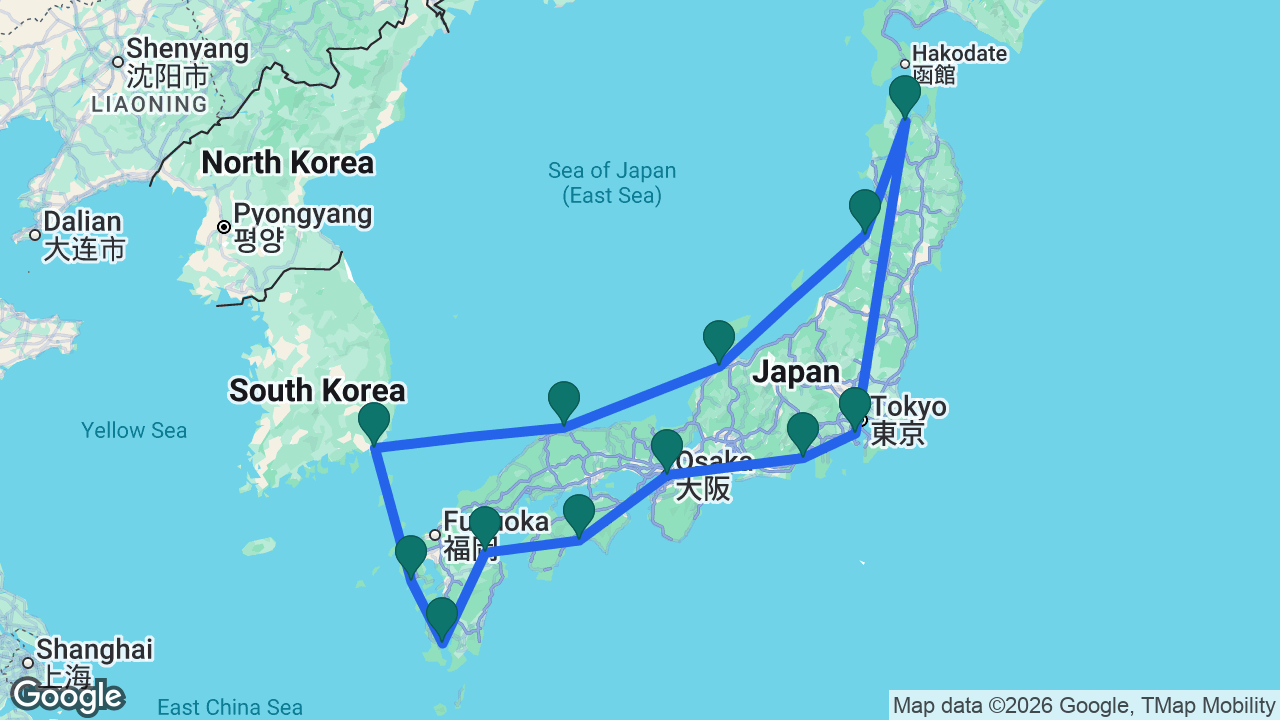 Route map: Tokyo -> Aomori -> Sakata -> Kanazawa -> Sakaiminato -> Busan -> Nagasaki -> Kagoshima -> Beppu -> Kochi -> Osaka -> Mount Fuji -> Tokyo