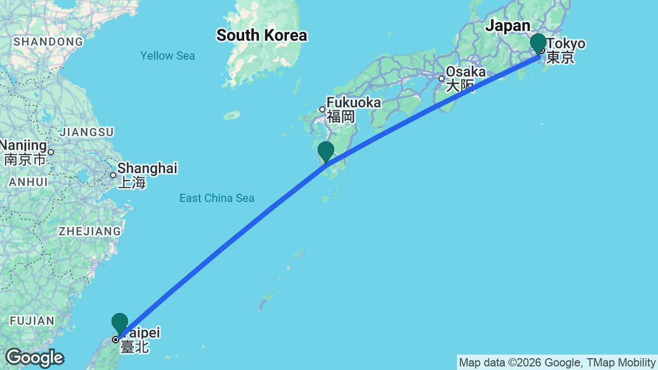 Route map: Keelung -> Kagoshima -> Tokyo
