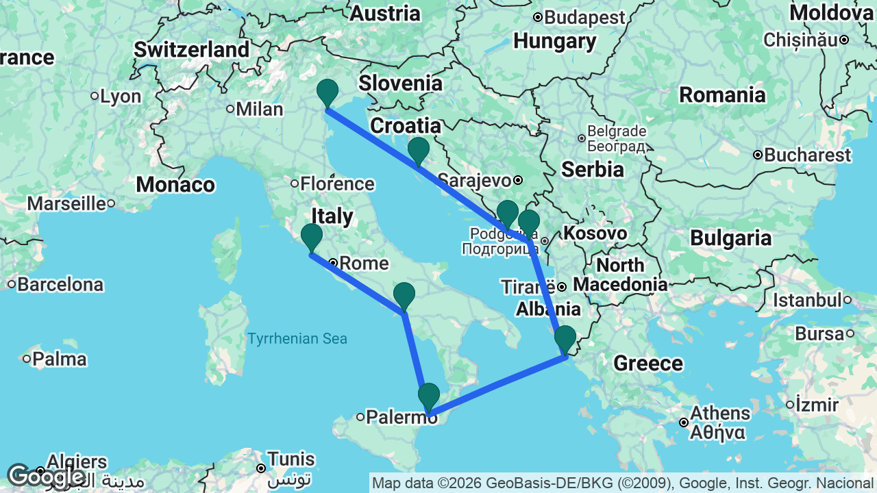 Route map: Venice -> Zadar -> Dubrovnik -> Kotor -> Corfu -> Messina -> Amalfi Coast -> Rome