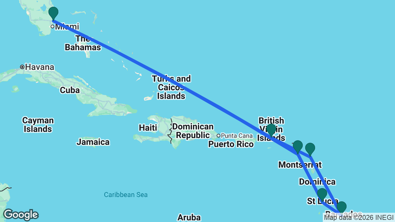 Route map: Fort Lauderdale -> Tortola -> Antigua -> Barbados -> St. Lucia -> St. Kitts -> Fort Lauderdale