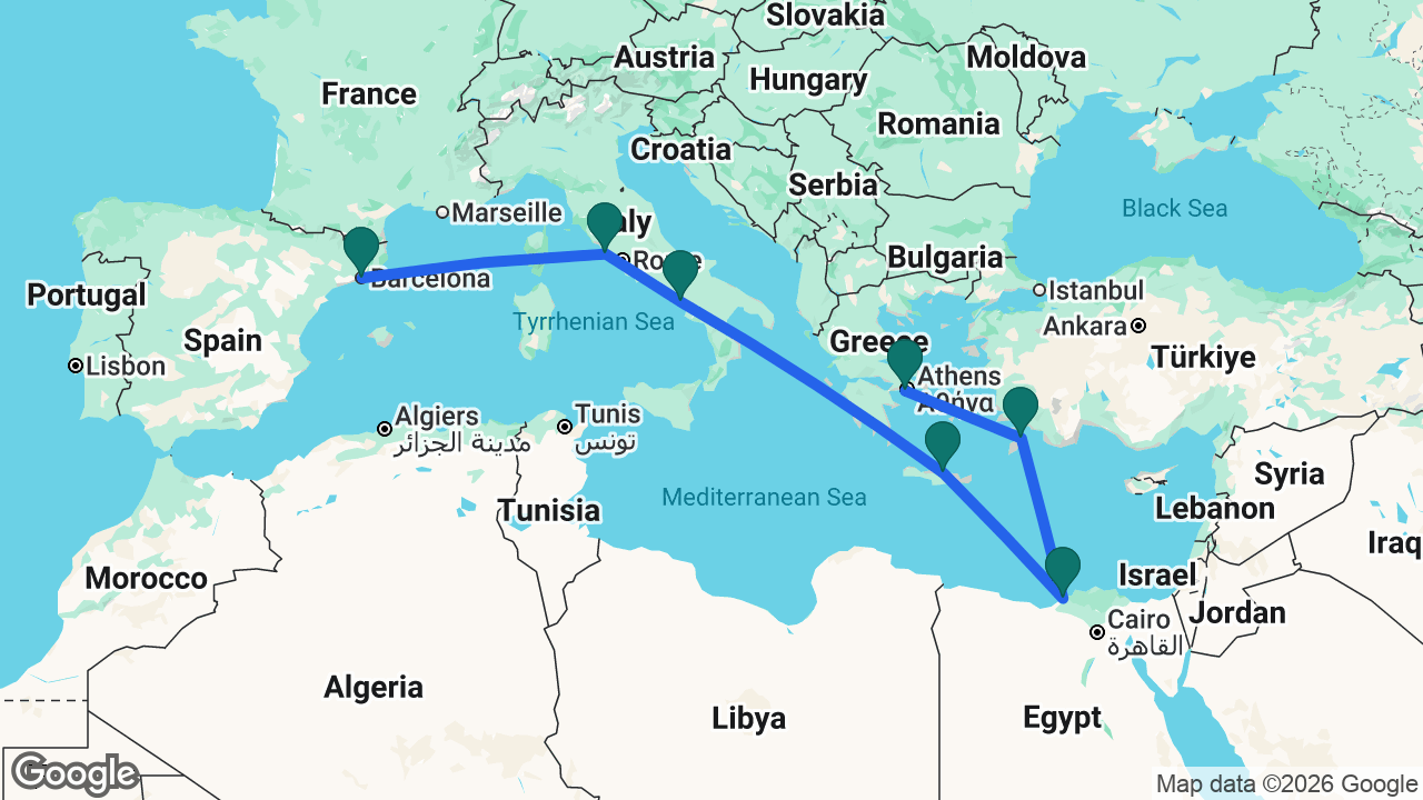 Route map: Barcelona -> Rome -> Amalfi Coast -> Heraklion -> Alexandria -> Rhodes -> Athens