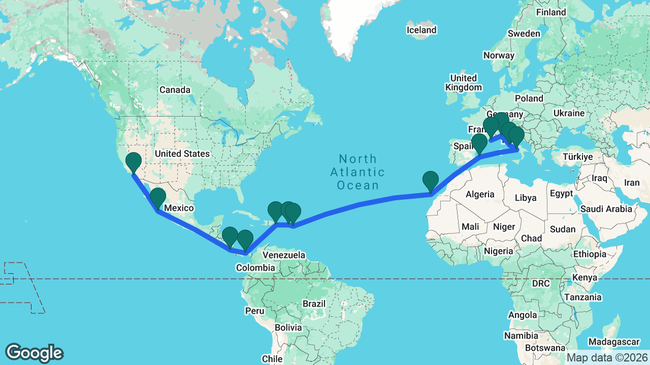 Route map: Los Angeles -> Cabo -> Puntarenas -> Balboa -> La Romana -> Tortola -> St. Maarten -> Gran Canaria -> Ibiza -> Naples -> Rome -> Genoa -> Marseille