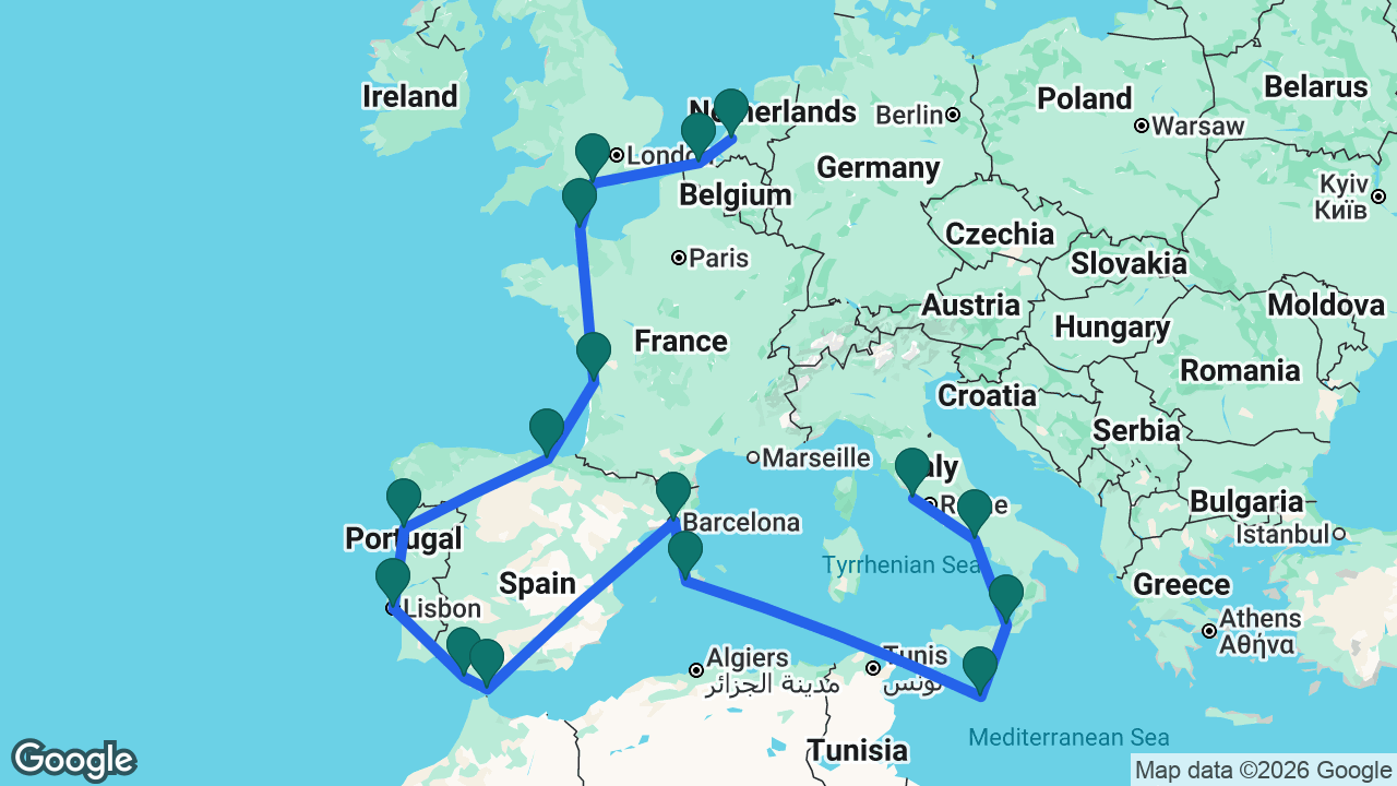 Route map: Rotterdam -> Bruges -> Portsmouth -> Cherbourg -> Bordeaux -> Bilbao -> Porto -> Lisbon -> Cádiz -> Gibraltar -> Barcelona -> Mallorca -> Valletta -> Messina -> Naples -> Rome