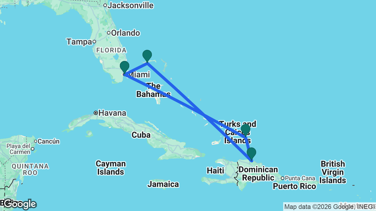 Route map: Miami -> Celebration Key -> Amber Cove -> Grand Turk -> Miami