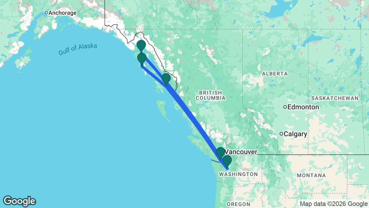 Route map: Seattle -> Icy Strait Point -> Sitka -> Ketchikan -> Victoria -> Seattle