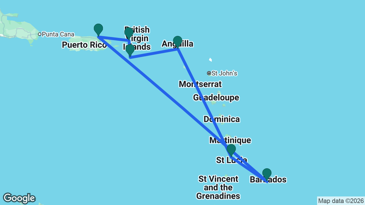 Route map: San Juan -> St. Thomas -> St. Croix -> St. Maarten -> St. Lucia -> Barbados -> San Juan