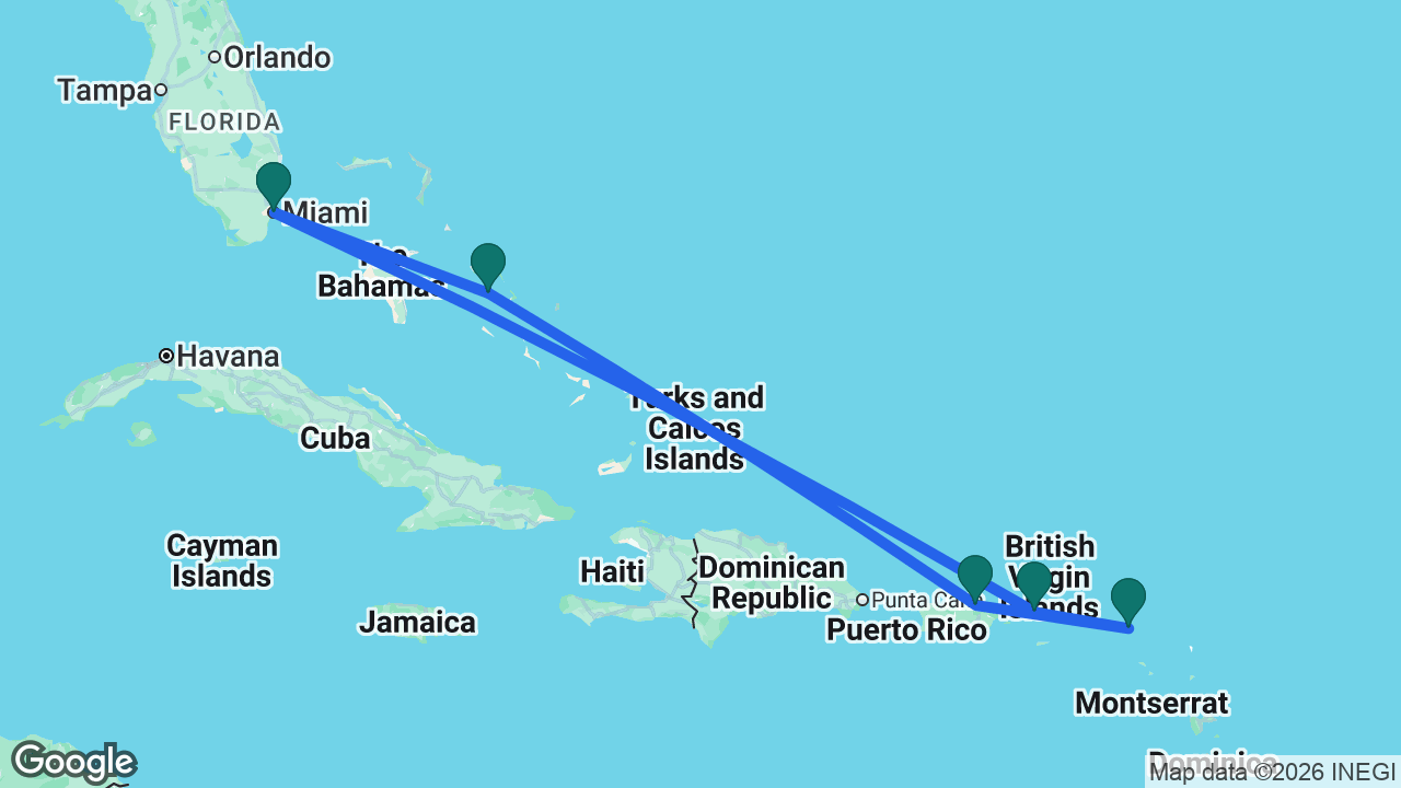 Route map: Miami -> Half Moon Cay -> San Juan -> St. Maarten -> St. Thomas -> Miami