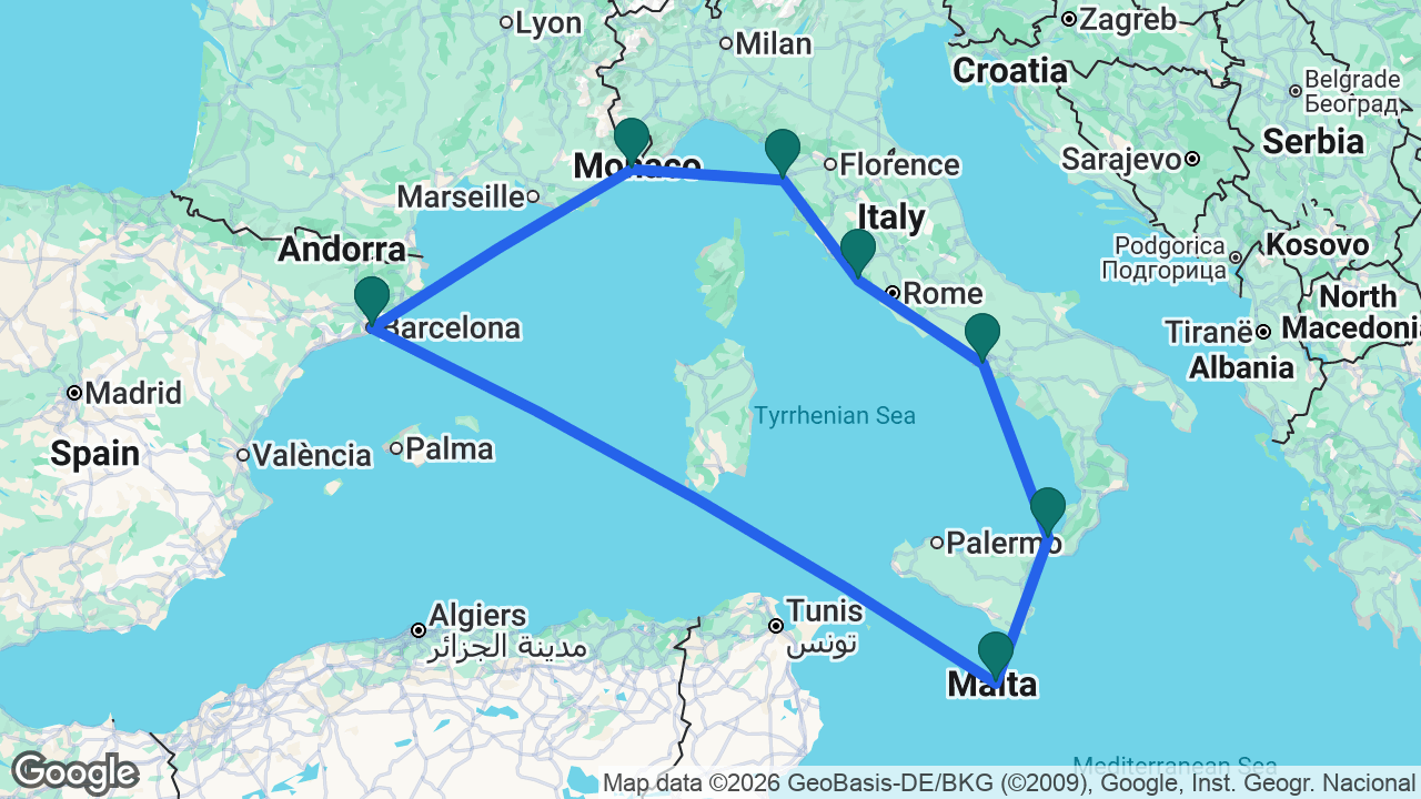 Route map: Barcelona -> Valletta -> Messina -> Naples -> Rome -> Florence -> Villefranche -> Barcelona