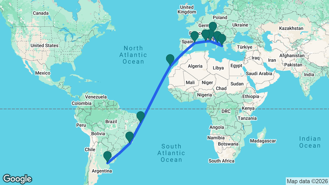 Route map: Buenos Aires -> Rio -> Maceió -> Gran Canaria -> Tarragona -> Ajaccio -> Rome -> Corfu -> Bari -> Trieste