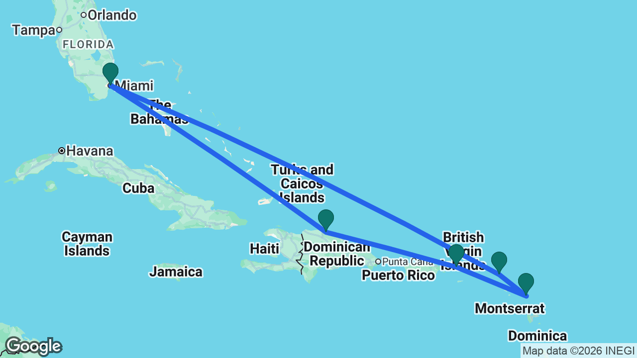 Route map: Miami -> St. Maarten -> Antigua -> St. Thomas -> Puerto Plata -> Miami