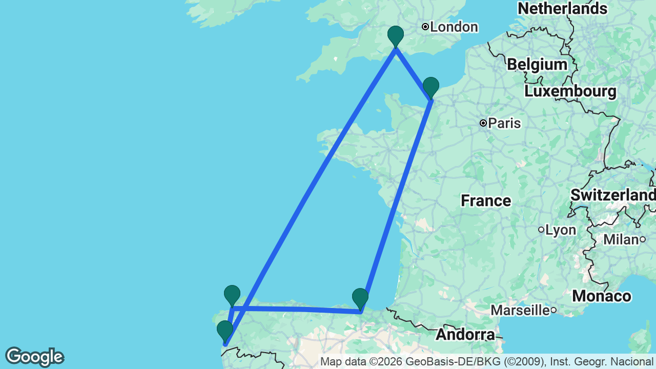 Route map: Southampton -> Paris -> Bilbao -> La Coruña -> Vigo -> Southampton