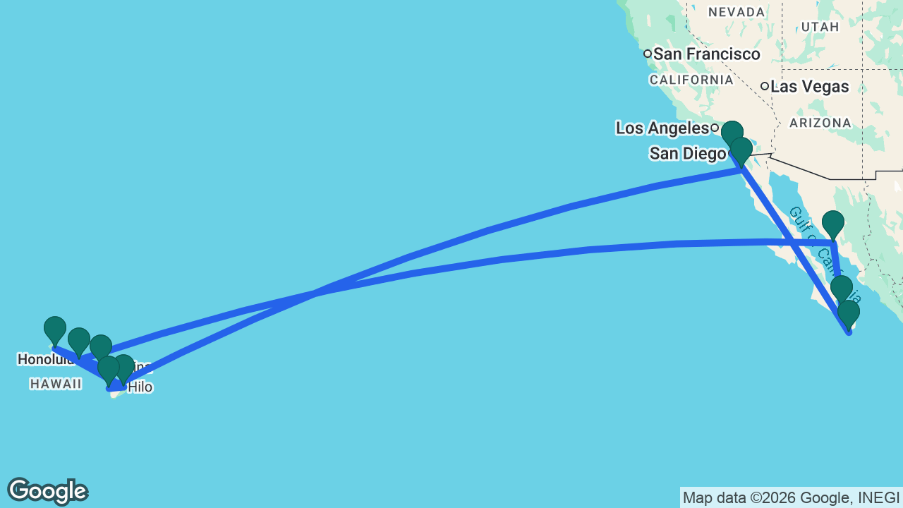 Route map: San Diego -> Cabo -> La Paz -> Guaymas -> Honolulu -> Maui -> Kauai -> Hilo -> Kona -> Ensenada -> San Diego