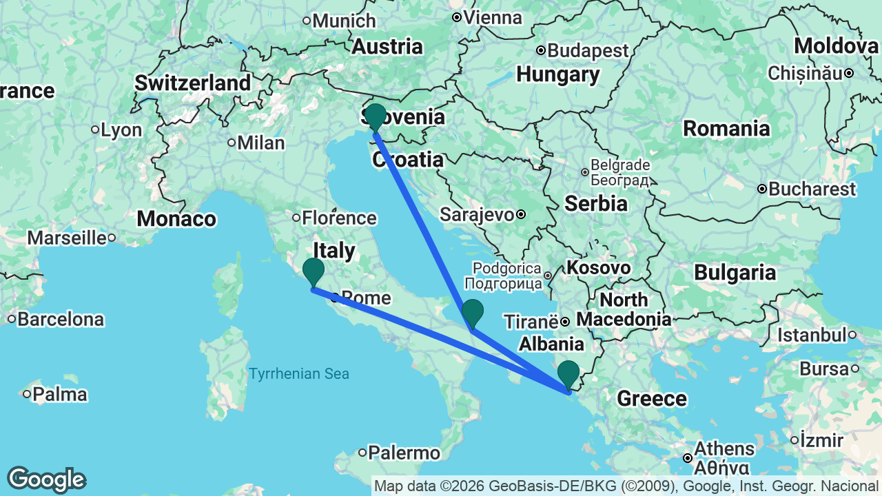 Route map: Rome -> Corfu -> Bari -> Trieste