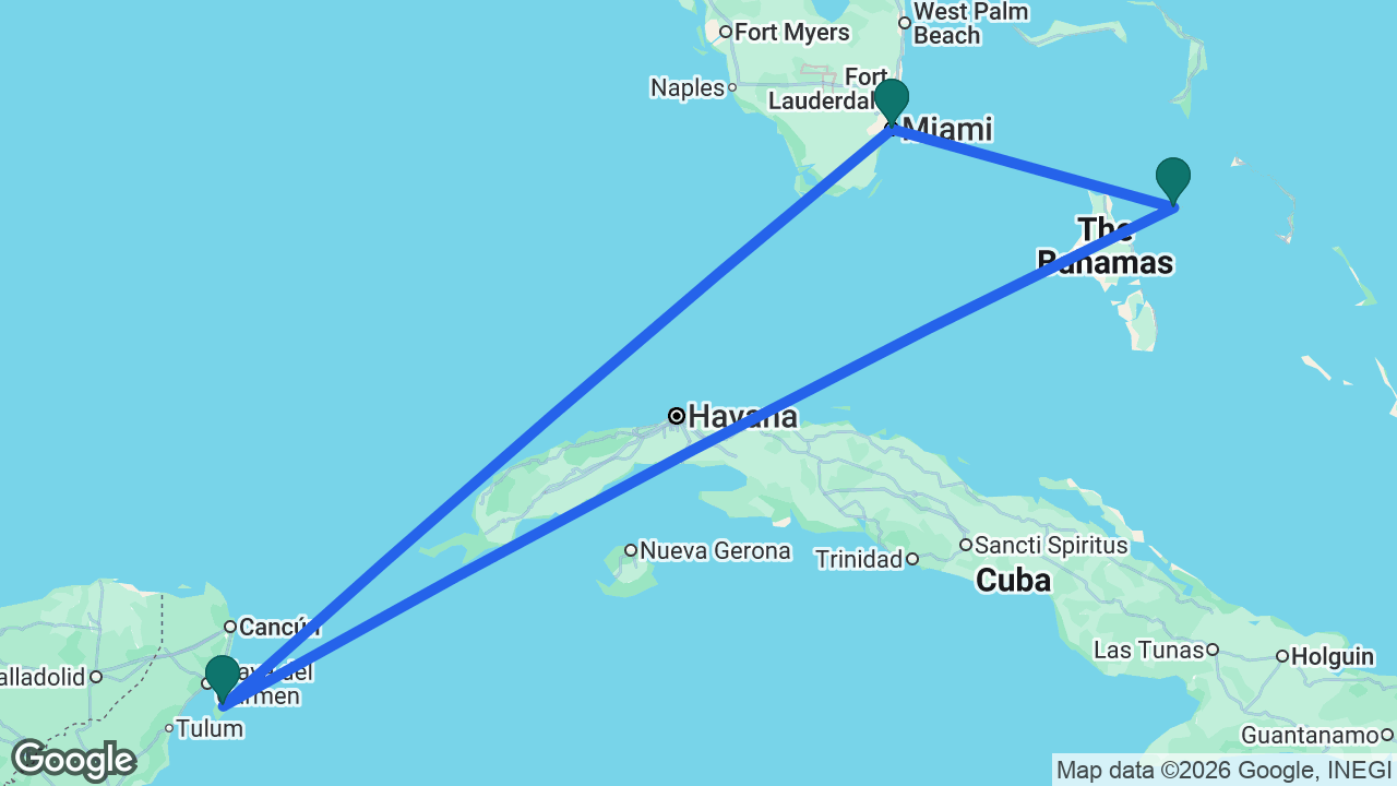 Route map: Miami -> Nassau -> Cozumel -> Miami