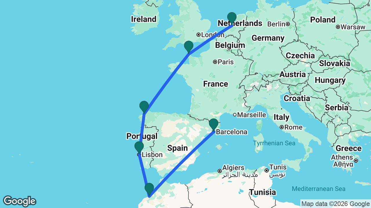 Route map: Barcelona -> Casablanca -> Lisbon -> La Coruña -> Cherbourg -> Amsterdam