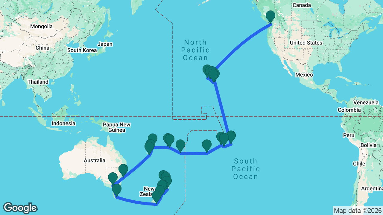 Route map: Auckland -> Tauranga -> Napier -> Wellington -> Picton -> Christchurch -> Dunedin -> Hobart -> Melbourne -> Sydney -> Nouméa -> Lifou -> Port Vila -> Fiji -> Lautoka -> Nuku'alofa -> Cook Islands -> Raiatea -> Moorea -> Tahiti -> Fakarava -> Hilo -> Kona -> Honolulu -> Maui -> Kauai -> Seattle