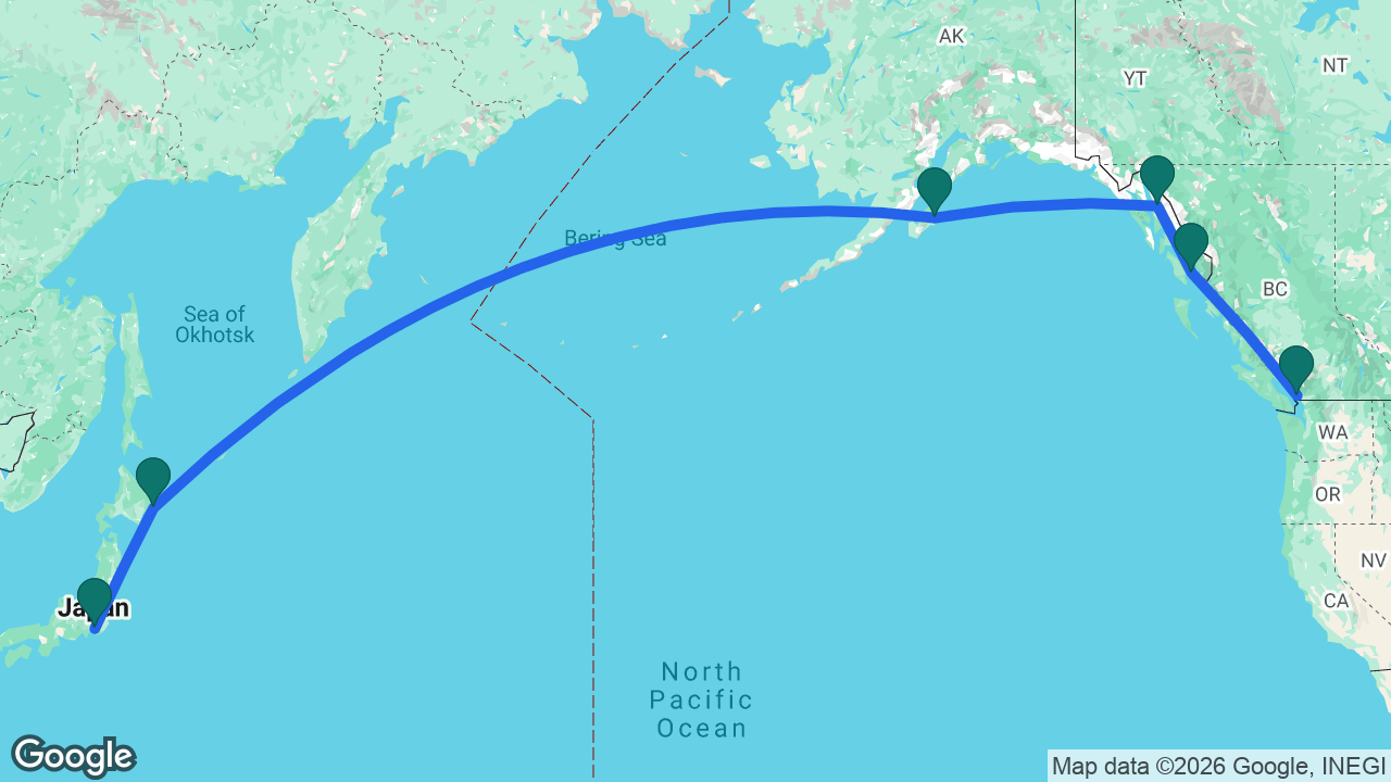 Route map: Tokyo -> Kushiro -> Kodiak -> Juneau -> Ketchikan -> Vancouver