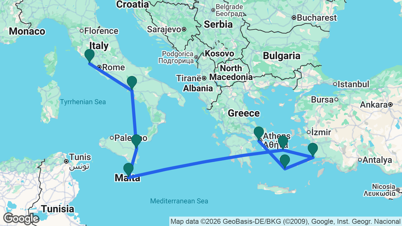 Route map: Athens -> Santorini -> Bodrum -> Mykonos -> Valletta -> Catania -> Amalfi Coast -> Rome
