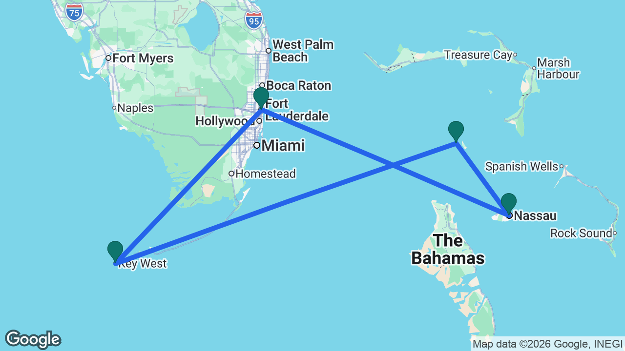 Route map: Fort Lauderdale -> Key West -> CocoCay -> Nassau -> Fort Lauderdale