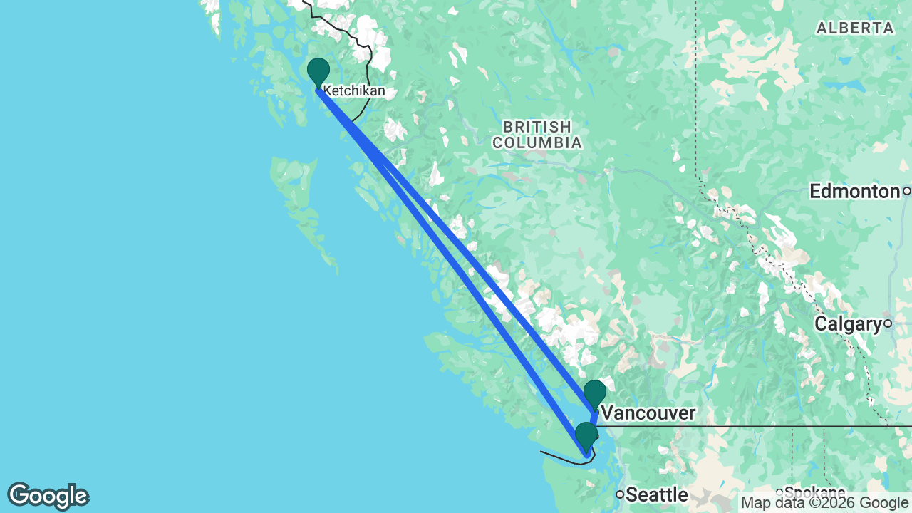Route map: Vancouver -> Ketchikan -> Victoria -> Vancouver