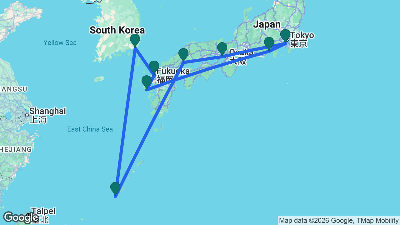 Route map: Tokyo -> Kobe -> Hiroshima -> Naha -> Busan -> Fukuoka -> Nagasaki -> Mount Fuji -> Tokyo