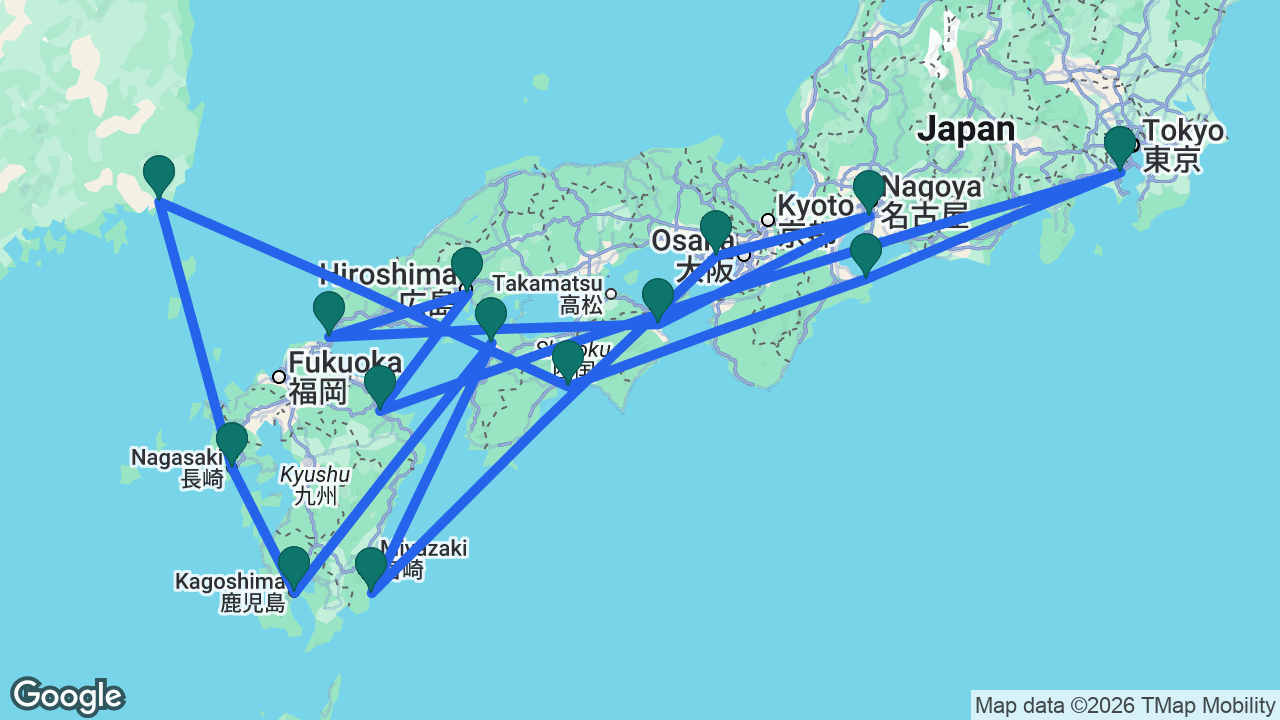 Route map: Tokyo -> Toba -> Kochi -> Busan -> Nagasaki -> Kagoshima -> Matsuyama -> Aburatsu -> Kobe -> Nagoya -> Tokushima -> Kanmon Strait -> Hiroshima -> Beppu -> Tokyo