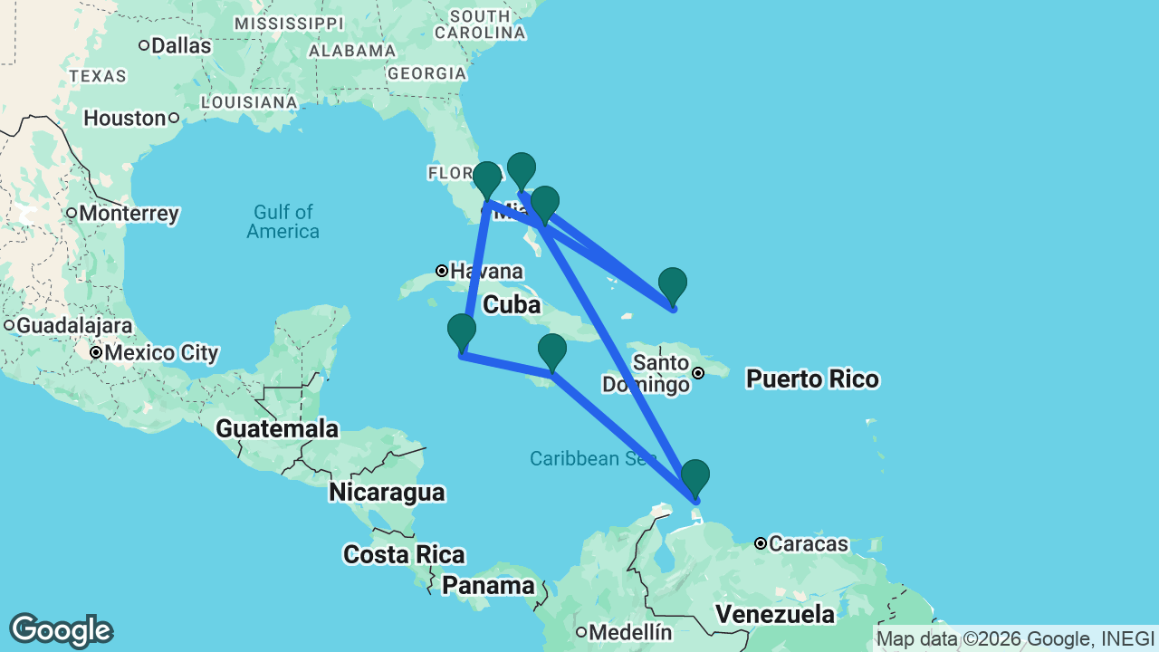 Route map: Fort Lauderdale -> Grand Cayman -> Ocho Rios -> Aruba -> Celebration Key -> Grand Turk -> Nassau -> Fort Lauderdale